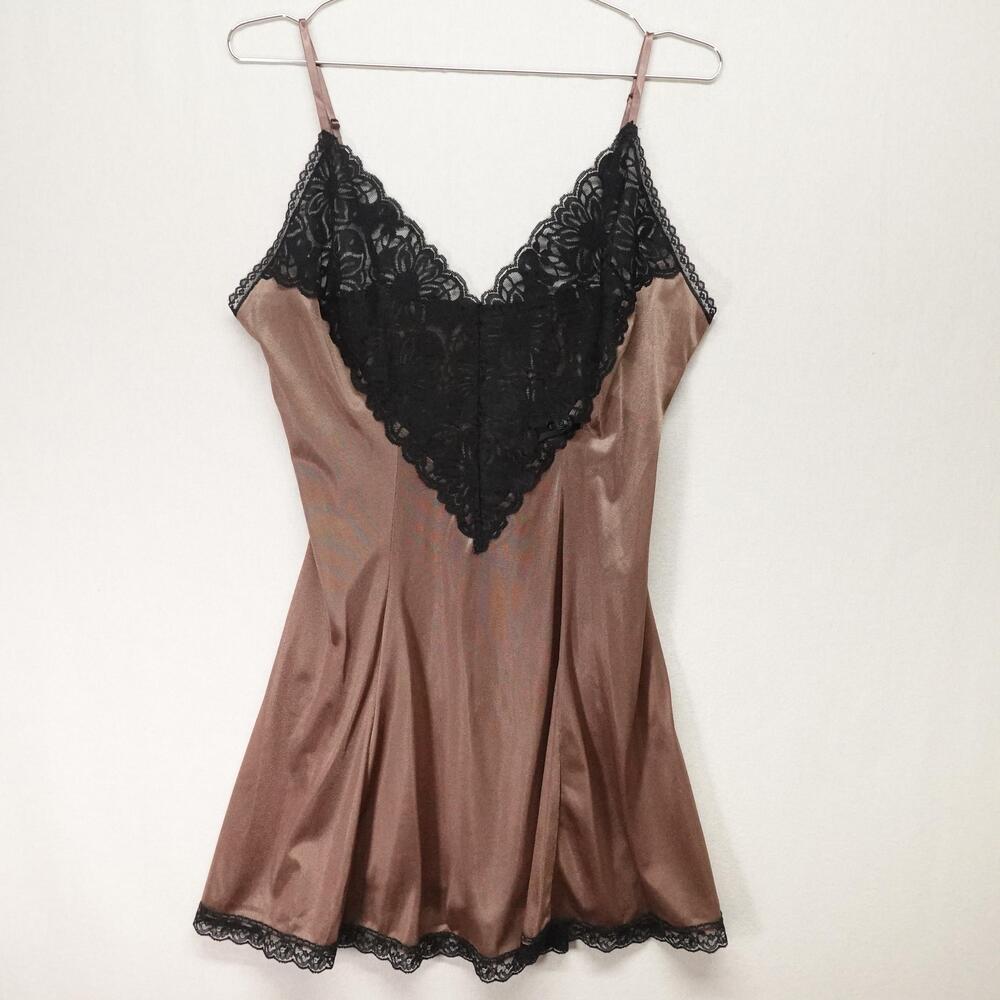 VTG Chemise Slip Womens Medium Brown Satin Lace Lingerie Nightie Made in USA